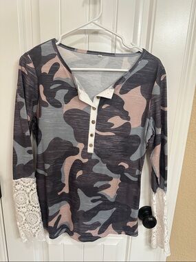 Women’s Pink & Gray Camo Henley Top with Lace Cuffs